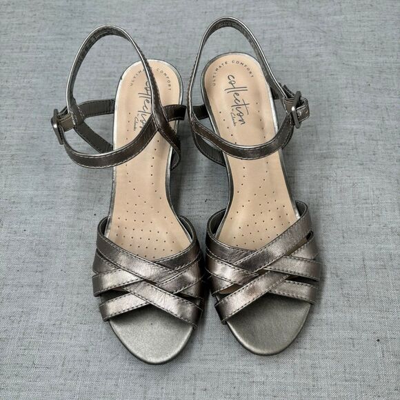 Clarks Collection Adriel Wavy Pewter Silver Leather Heels Sling Back Strappy 7 - Picture 4 of 11